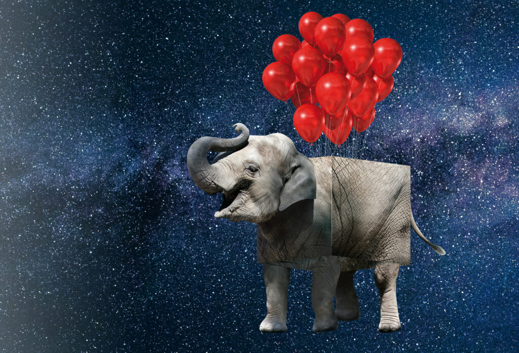 eckiger Elefant fliegt mit roten Luftballons